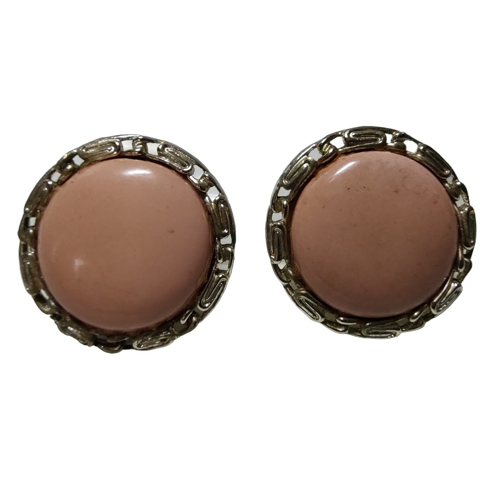 Lisner Round Vintage Earrings Pink Peach Gold Tones Signed Pair Clip On SEE